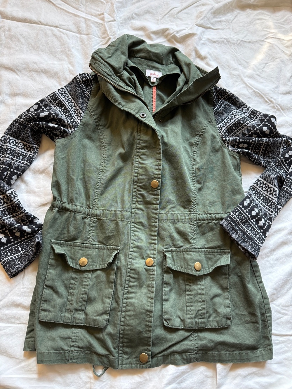 Pixley Tarnow Olive Green Utility Jacket Aztec Sweater Sleeve Small